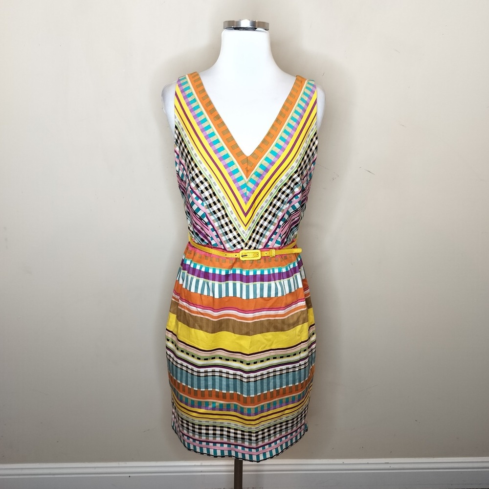 London Times Sheath Dress Geometric Colorful Belted‎